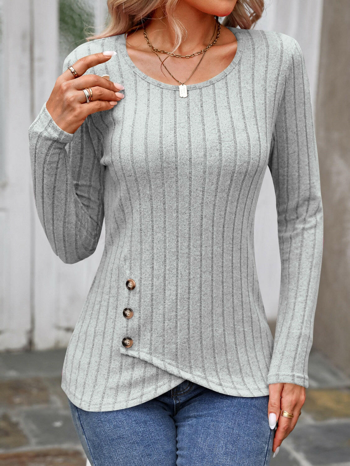 Decorative Button Round Neck Long Sleeve T-Shirt.