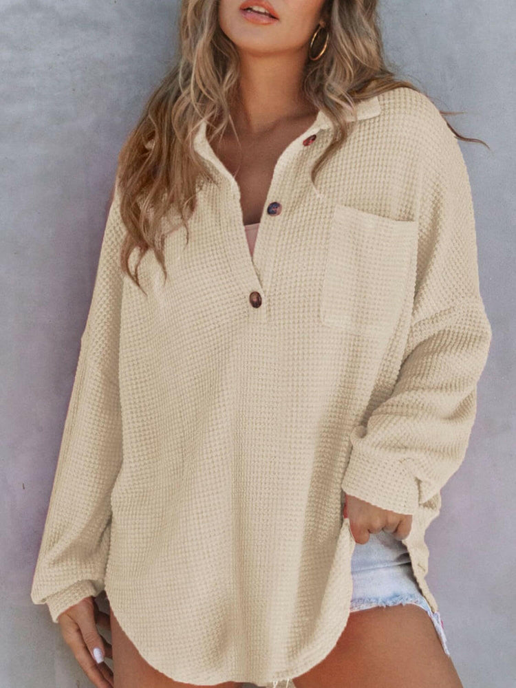 Waffle-Knit Dropped Shoulder Long Sleeve Sweatshirt.