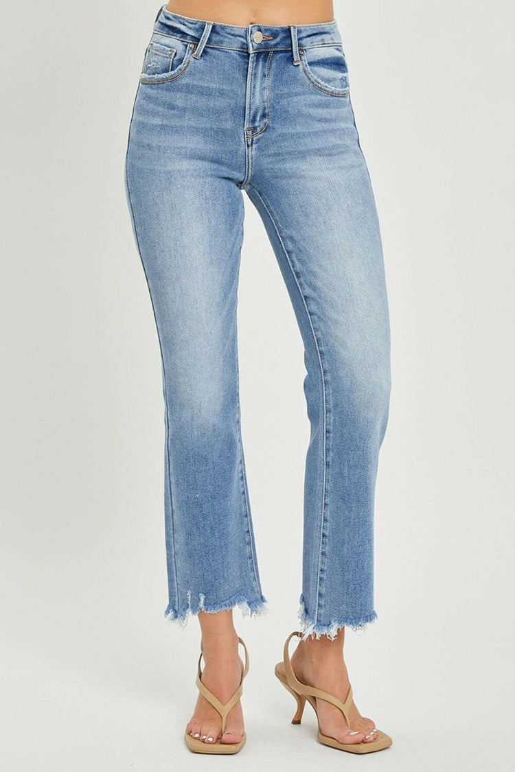 RISEN Frayed Hem Cropped Straight Jeans.