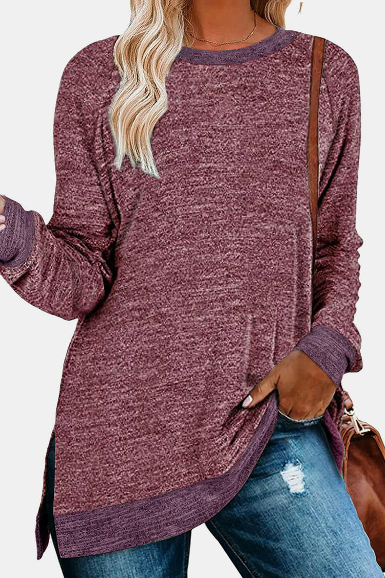 Round Neck Long Sleeve Slit T-Shirt.