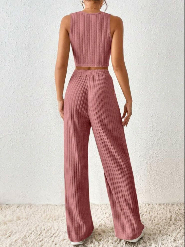 Ribbed Round Neck Tank and Pants Sweater Set.