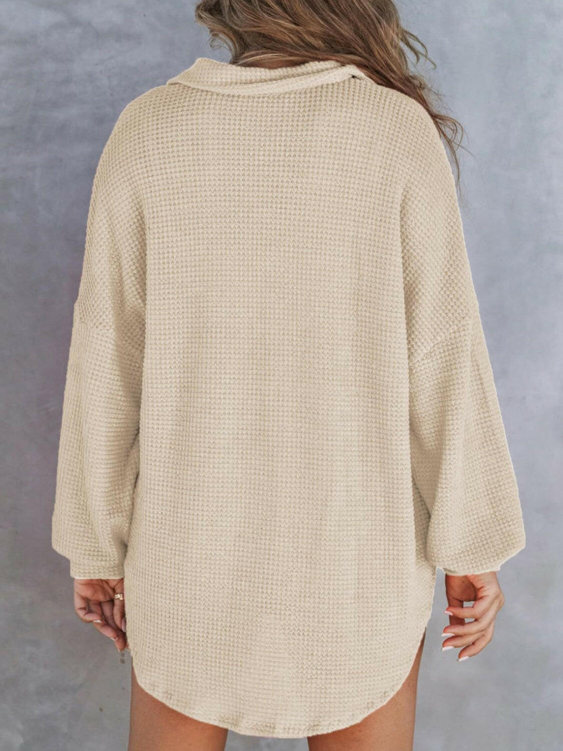 Waffle-Knit Dropped Shoulder Long Sleeve Sweatshirt.