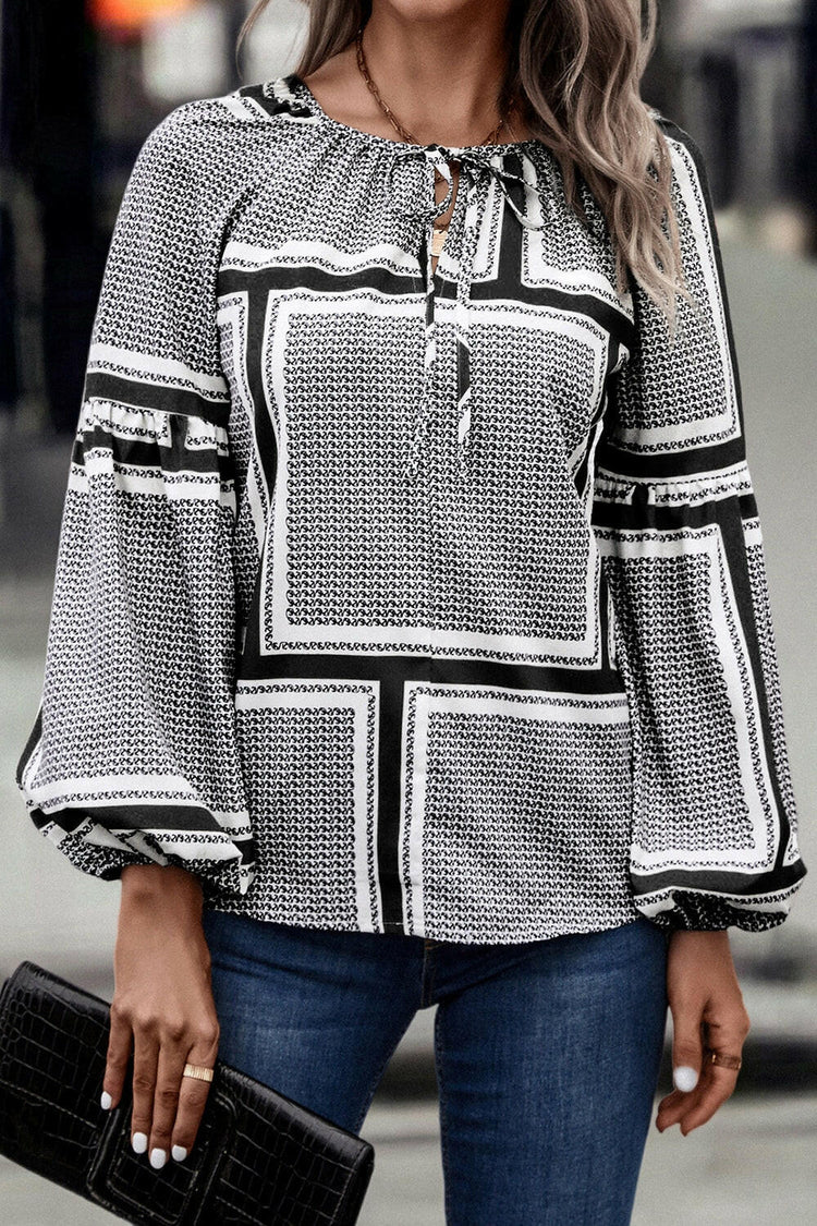 Contrast Printed Tie Neck Balloon Sleeve Blouse.