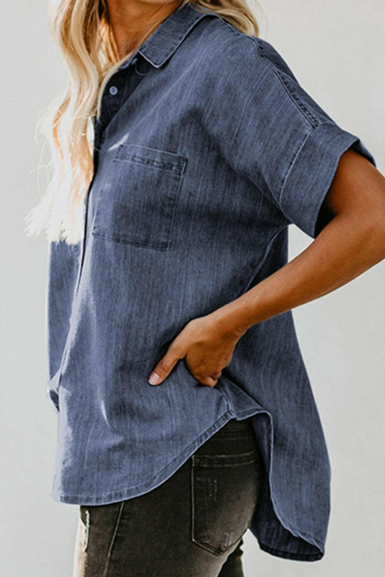 Pocketed Button Up Short Sleeve Denim Shirt.