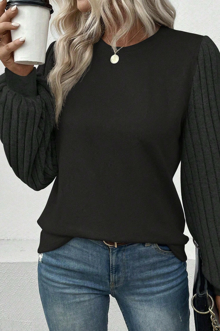 Ribbed Round Neck Long Sleeve Knit Top.