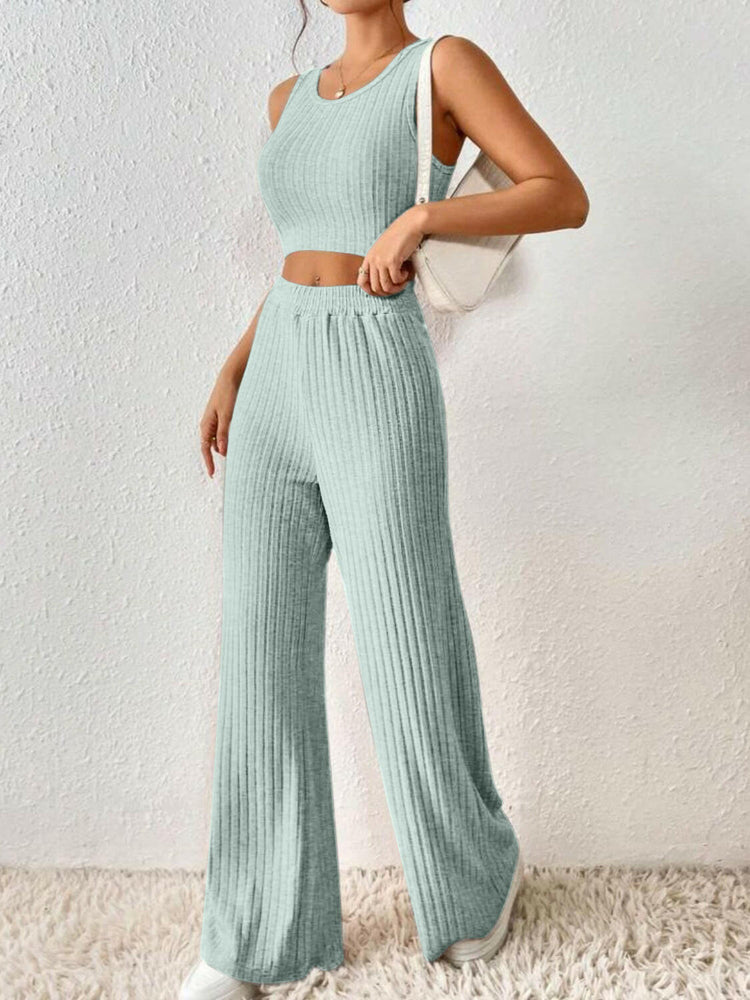 Ribbed Round Neck Tank and Pants Sweater Set.