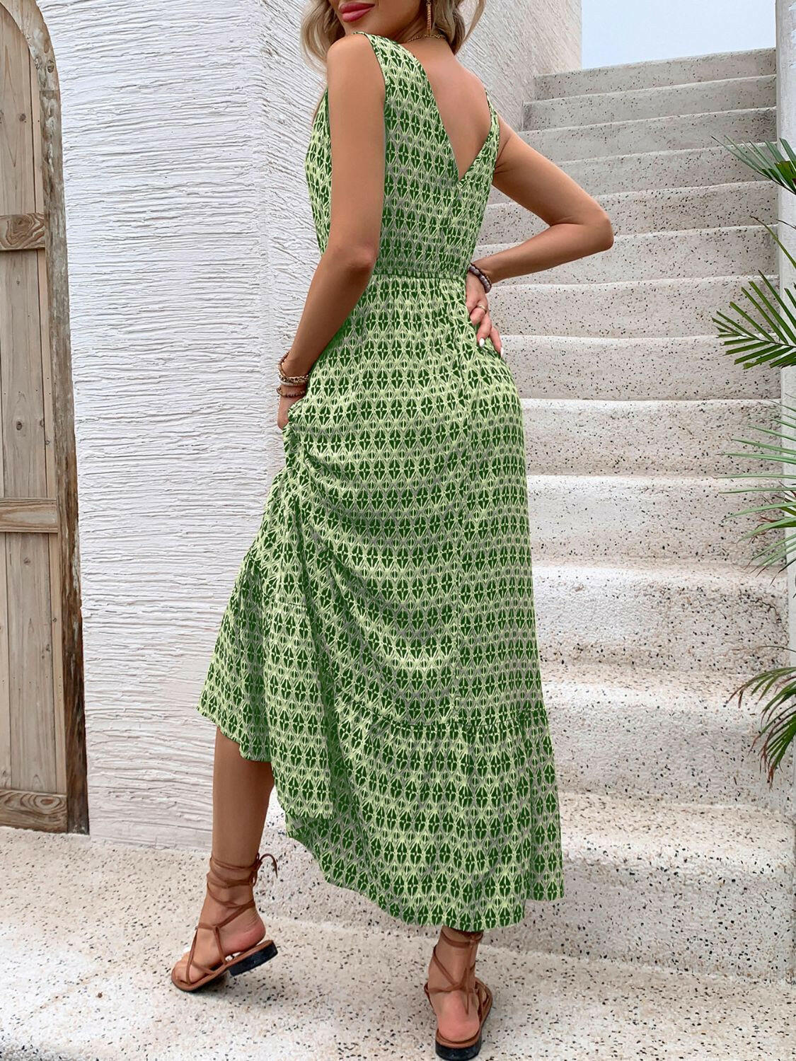 Perfee Printed V-Neck Tie Waist Midi Dress.