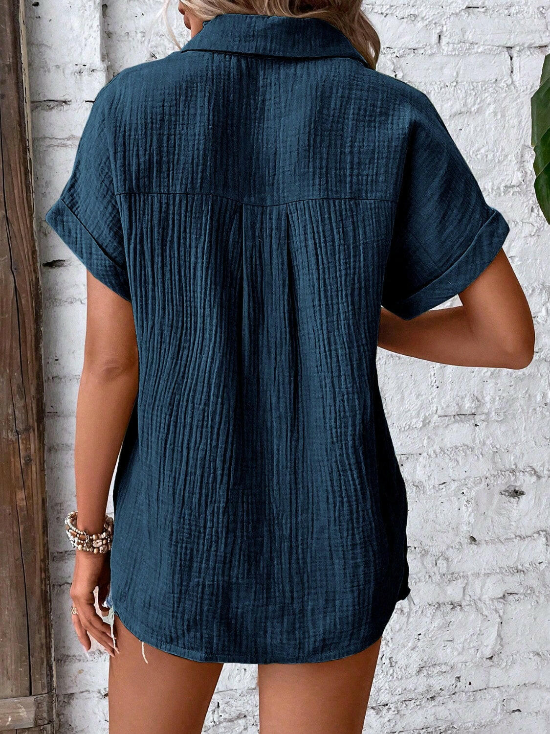 Lovelet Textured Button Up Short Sleeve Shirt.