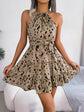 Halter Neck Printed Tie Waist Sleeveless Mini Dress.