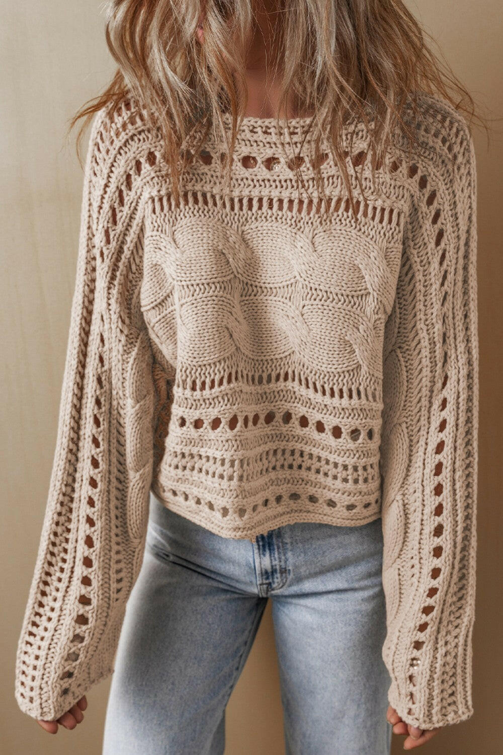 Cable-Knit Openwork Long Sleeve Sweater.