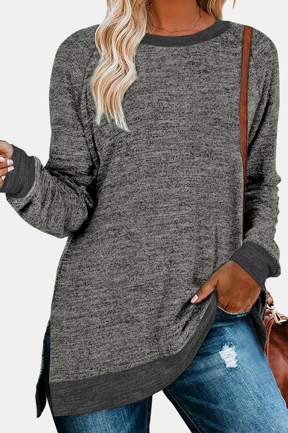 Round Neck Long Sleeve Slit T-Shirt.