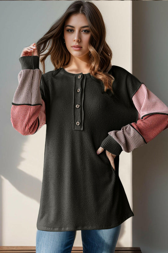 Double Take Full Size Color Block Round Neck Long Sleeve Top.