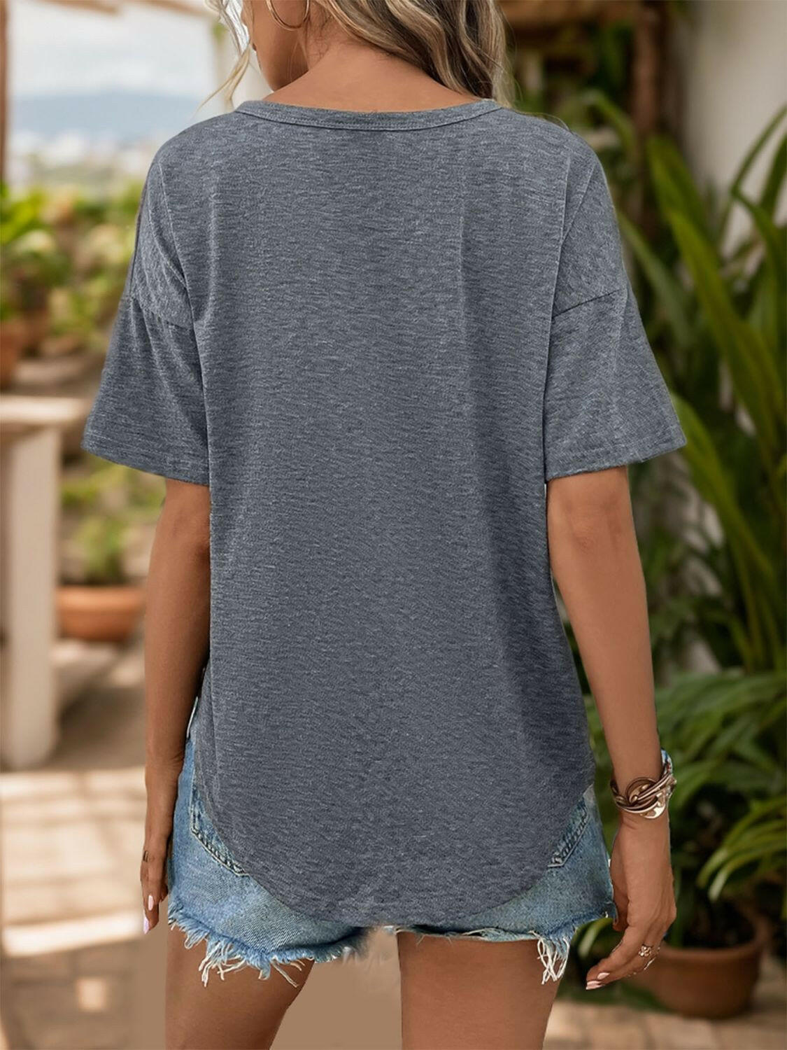 Perfee Notched Dropped Shoulder Half Sleeve T-Shirt.