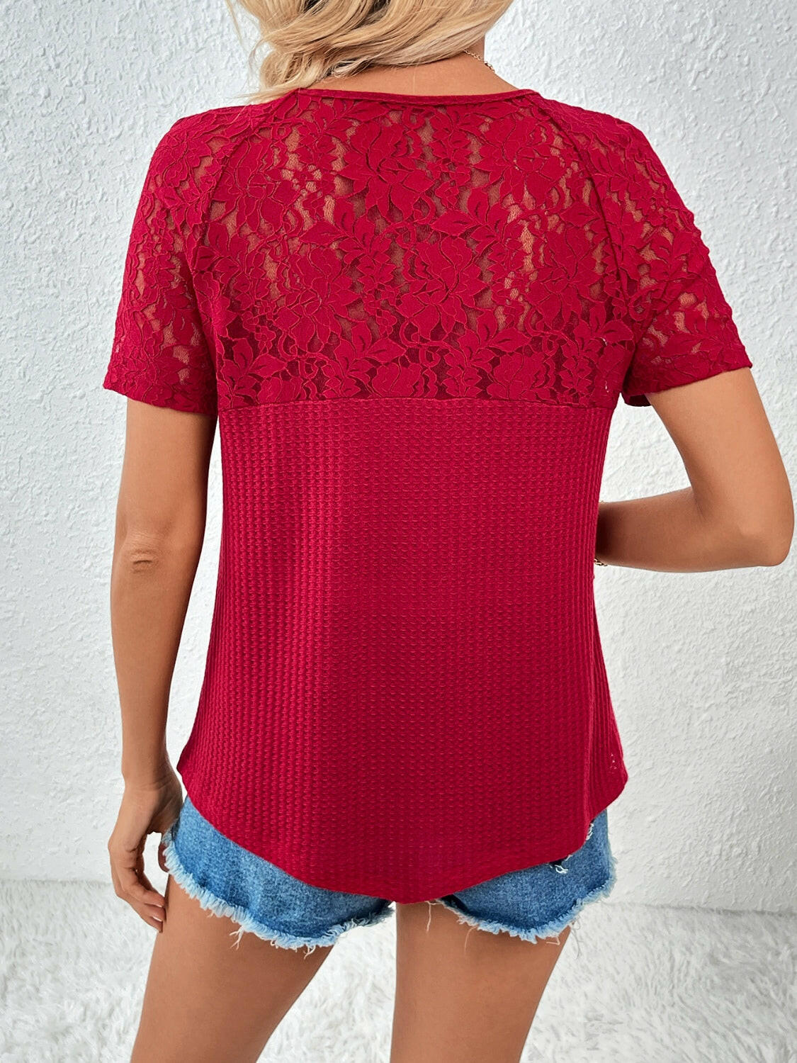 Ivy Lane Lace Detail V-Neck Short Sleeve T-Shirt.