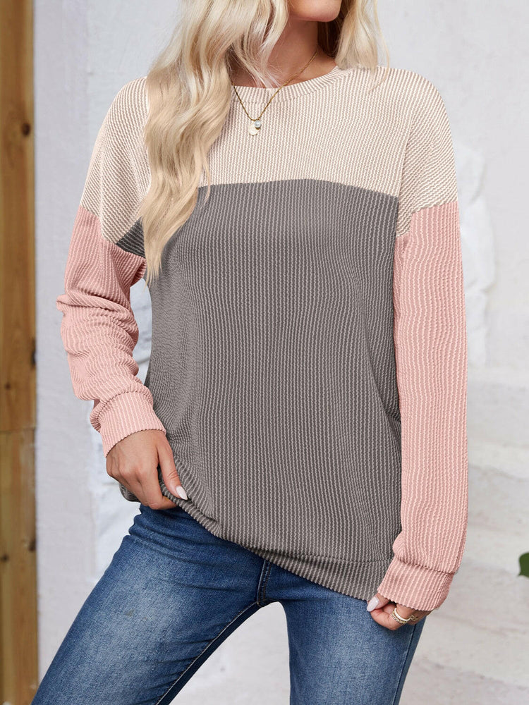 Lovelet Color Block Round Neck Long Sleeve Sweatshirt.