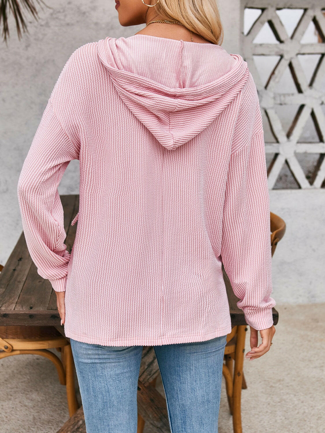 Double Take Drawstring Dropped Shoulder Long Sleeve Hoodie.