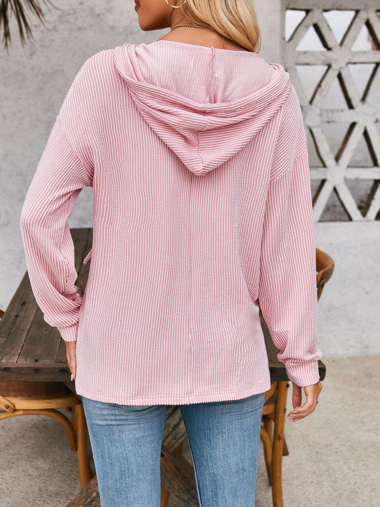 Double Take Drawstring Dropped Shoulder Long Sleeve Hoodie.