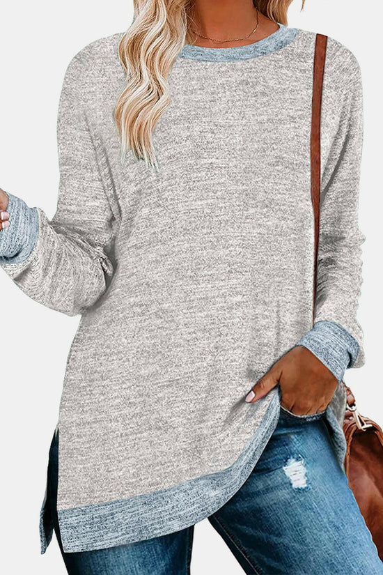 Round Neck Long Sleeve Slit T-Shirt.