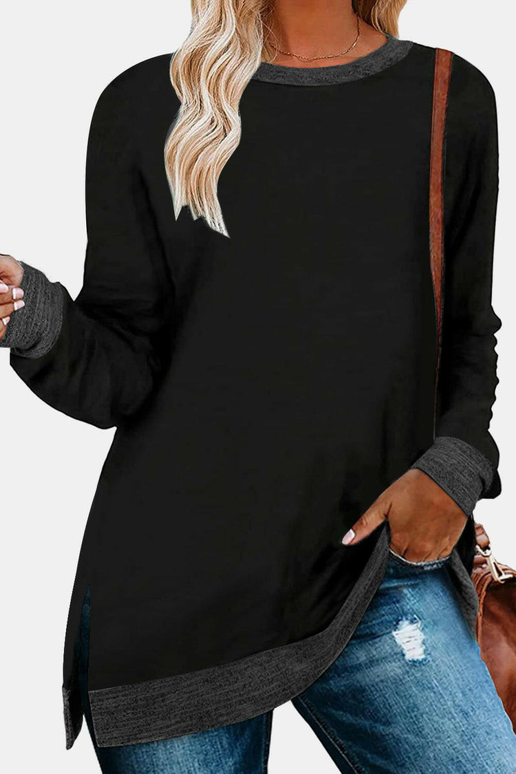 Round Neck Long Sleeve Slit T-Shirt.