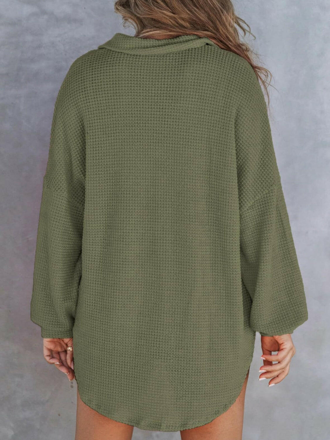 Waffle-Knit Dropped Shoulder Long Sleeve Sweatshirt.