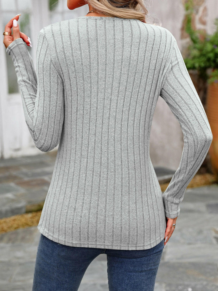 Decorative Button Round Neck Long Sleeve T-Shirt.