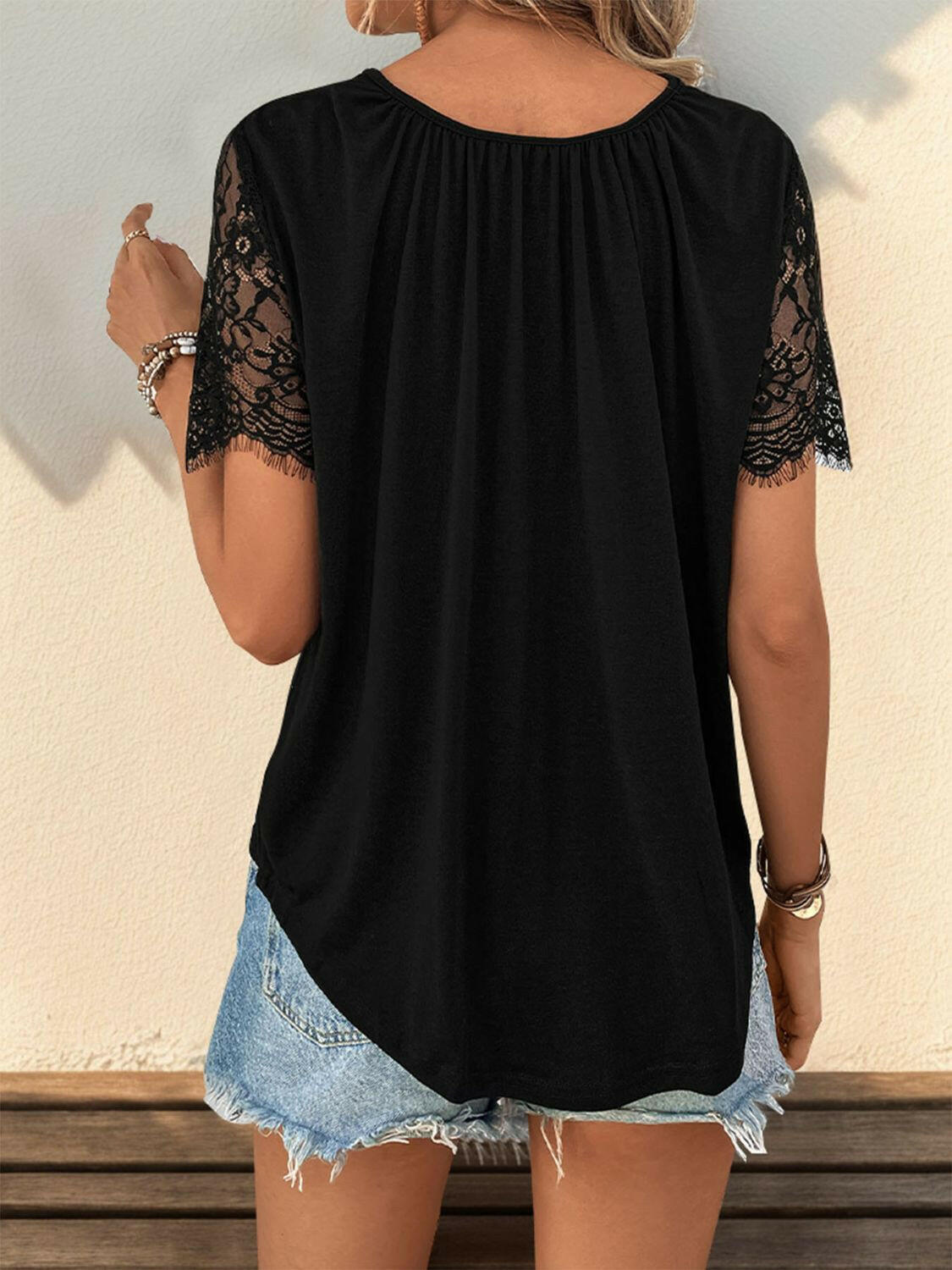 Perfee Lace Detail V-Neck Short Sleeve T-Shirt.