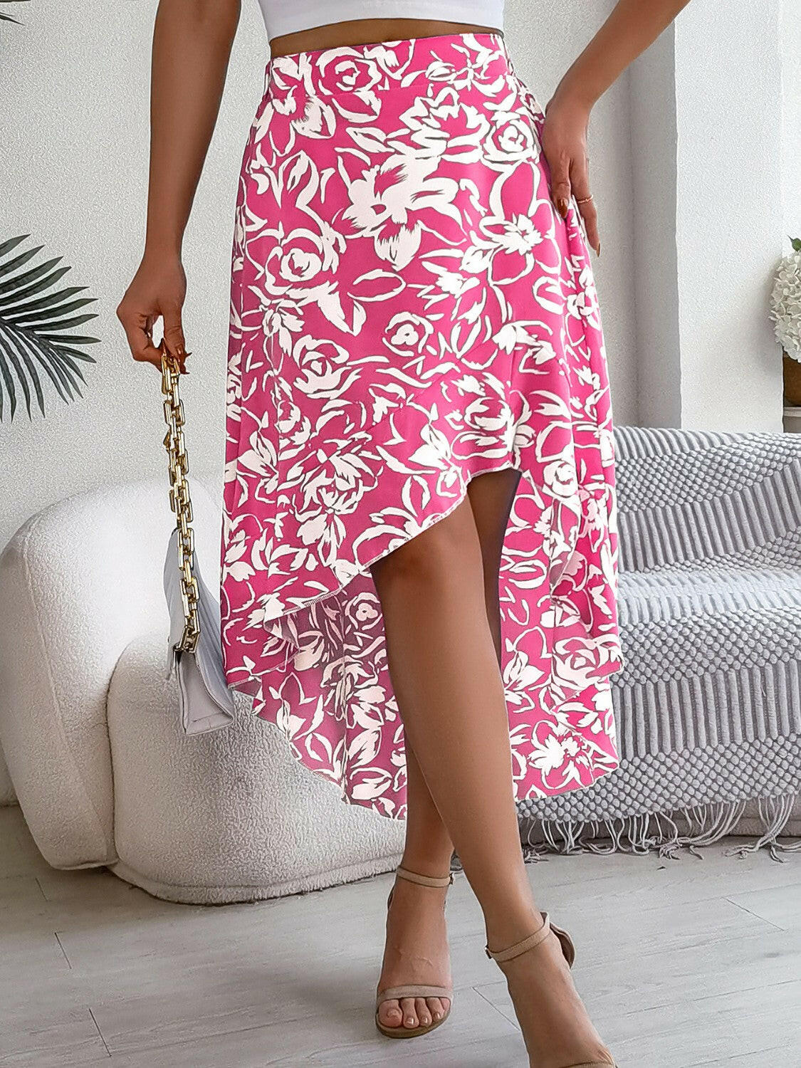 High-Low Printed High Waist Skirt.