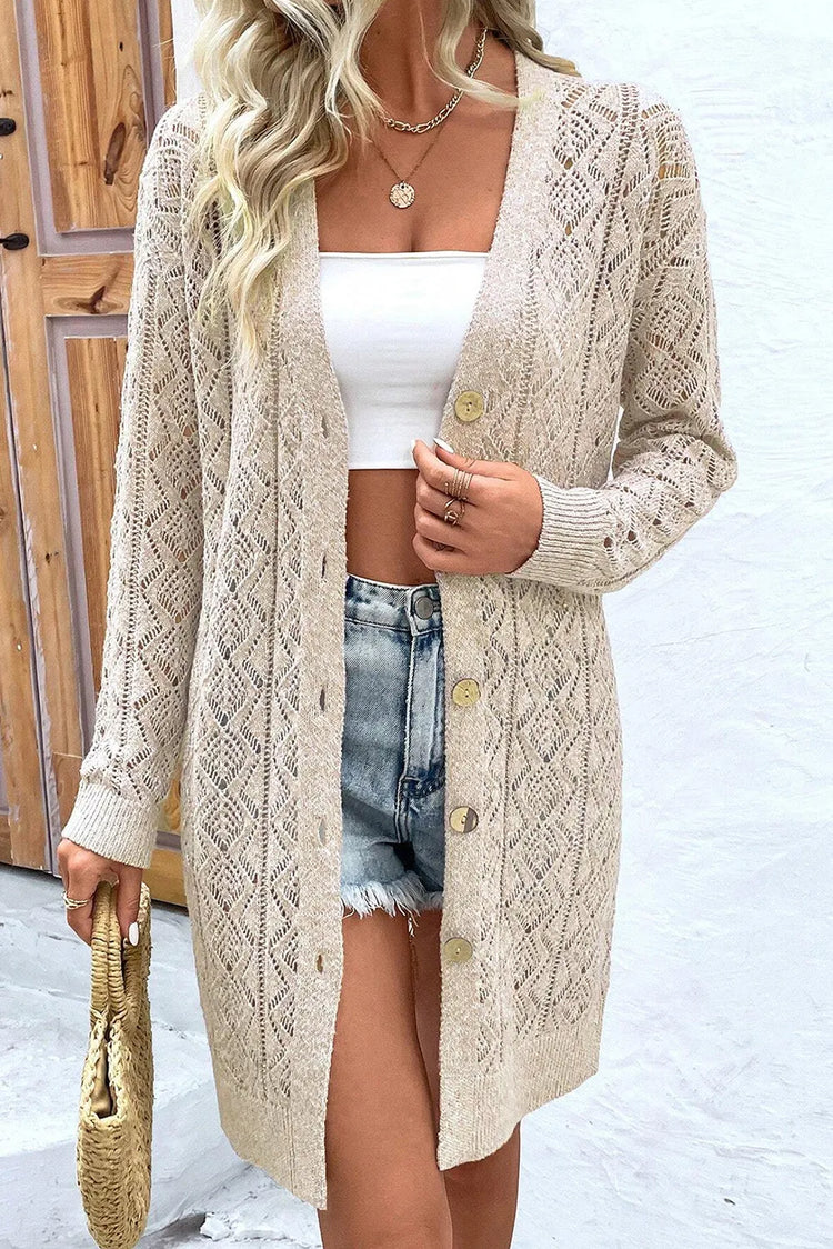 Openwork Button Down Long Sleeve Cardigan.