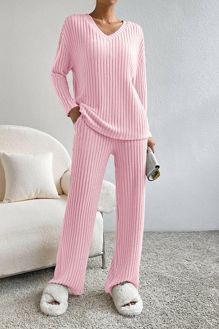 Ribbed V-Neck Top and Pants Lounge Set.