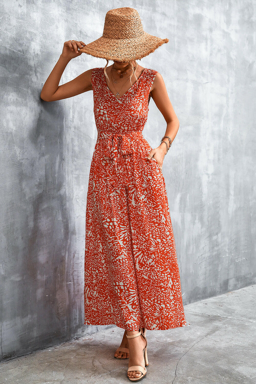 Printed V-Neck Tie Waist Maxi Dress.