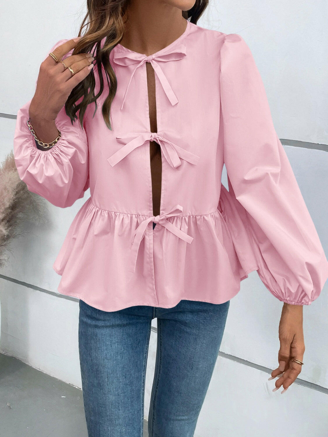 Ivy Lane Peplum Tied Long Sleeve Blouse.