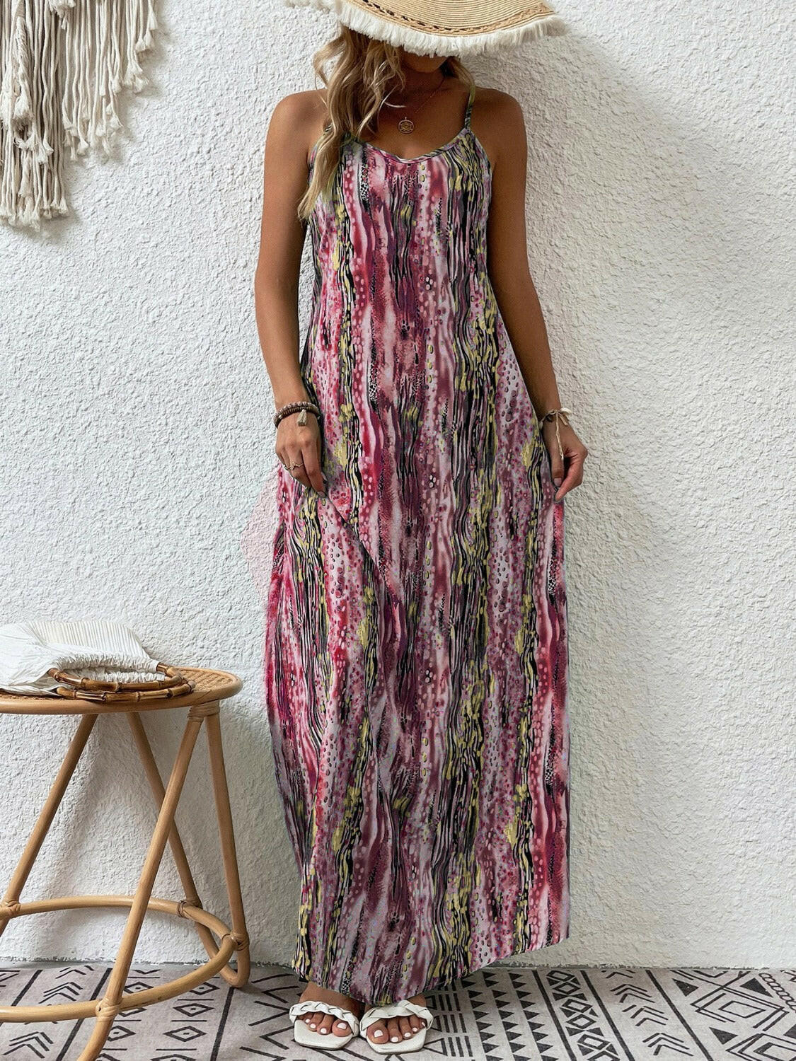 Full Size Printed Scoop Neck Maxi Cami Dress.