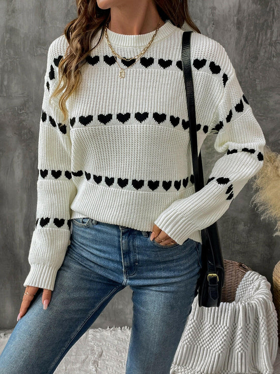 Heart Round Neck Long Sleeve Sweater.