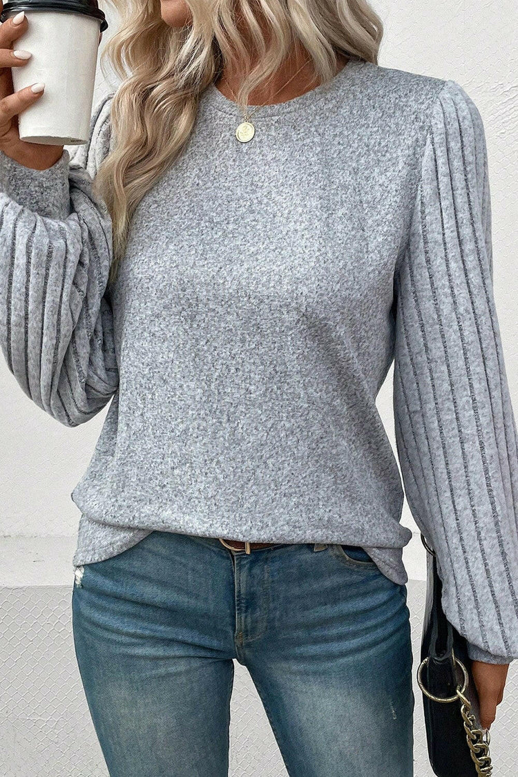 Ribbed Round Neck Long Sleeve Knit Top.