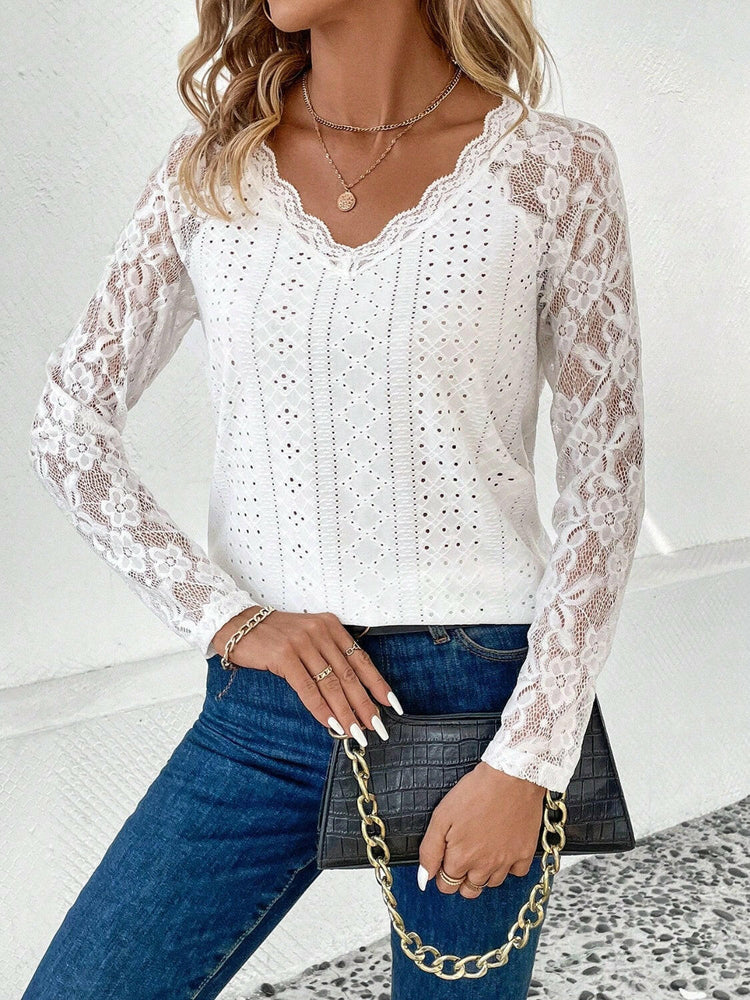 Lace Eyelet V-Neck Long Sleeve Blouse.