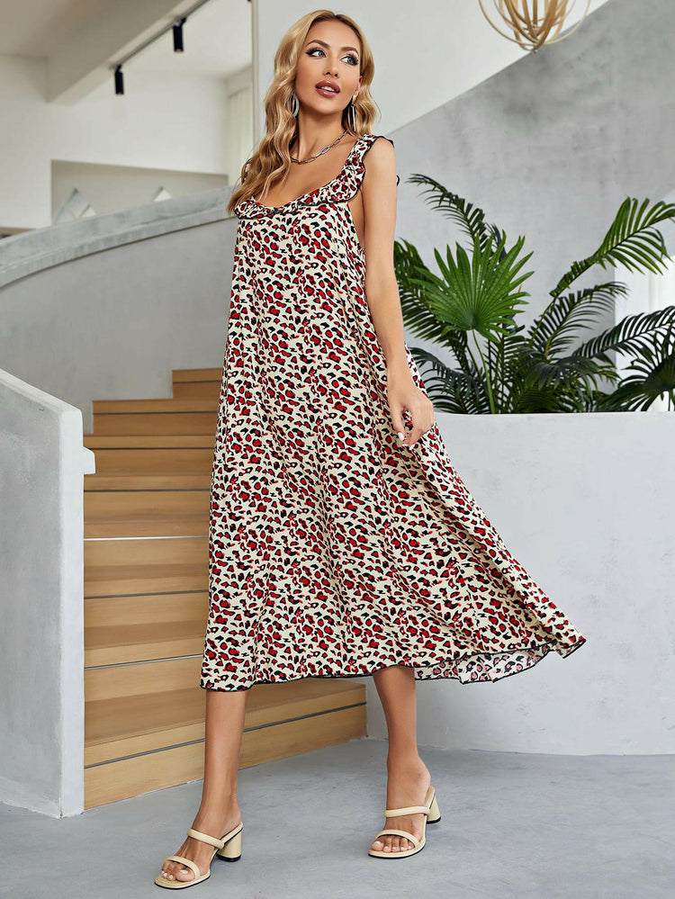 Printed Ruffled Sleeveless Midi Dress.