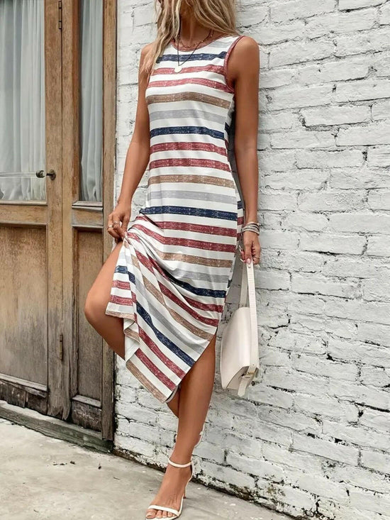 Slit Printed Round Neck Sleeveless Dress.