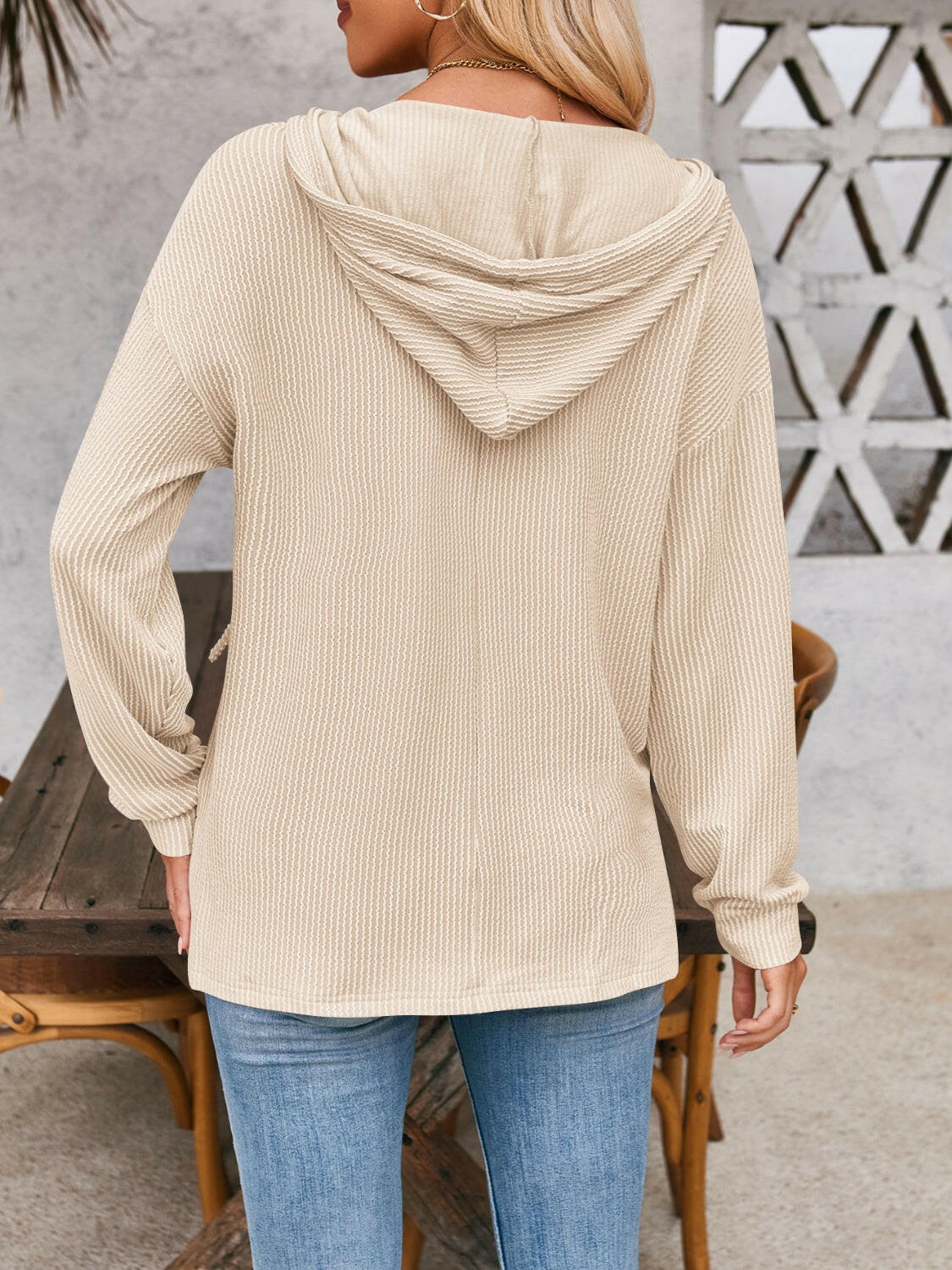 Double Take Drawstring Dropped Shoulder Long Sleeve Hoodie.