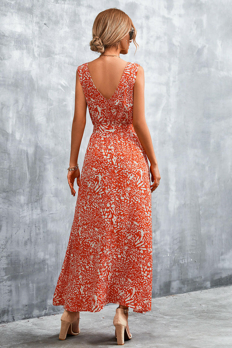 Printed V-Neck Tie Waist Maxi Dress.