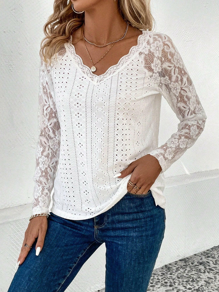 Lace Eyelet V-Neck Long Sleeve Blouse.