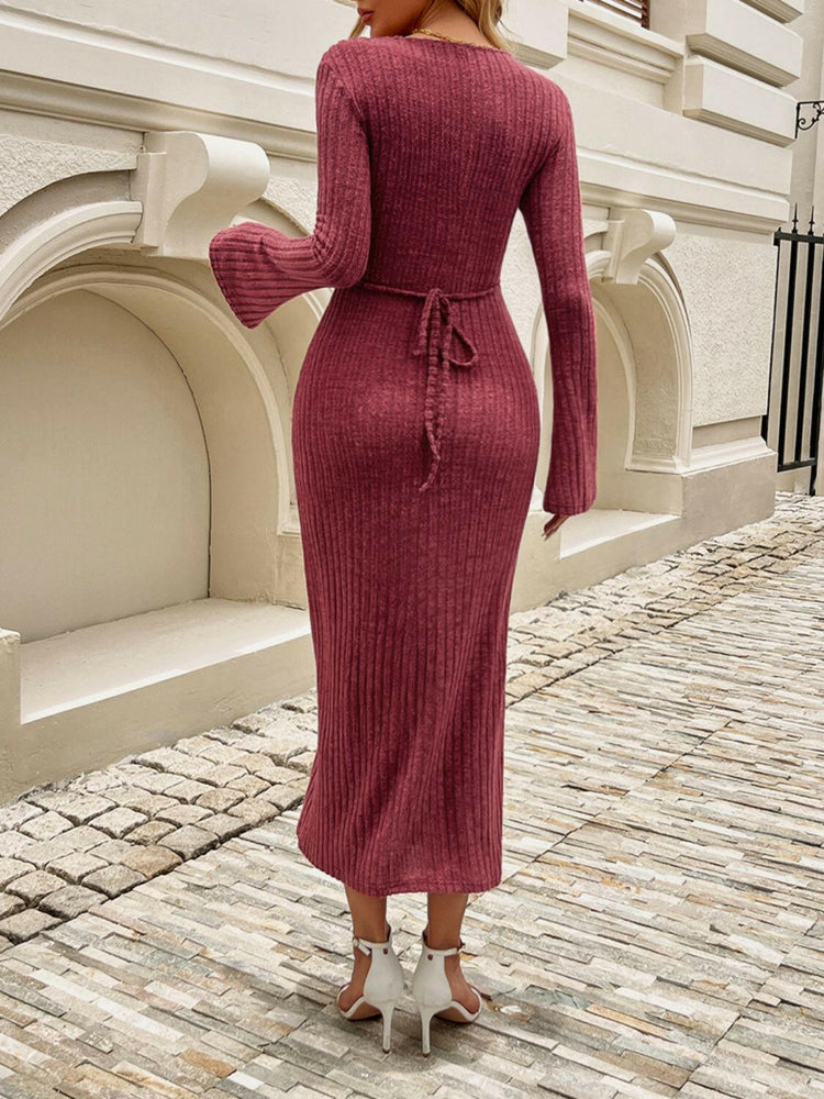 Devine Tied V-Neck Long Sleeve Sweater Dress.