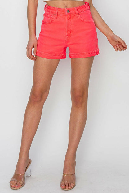 RISEN High Rise Cuffed Denim Shorts.