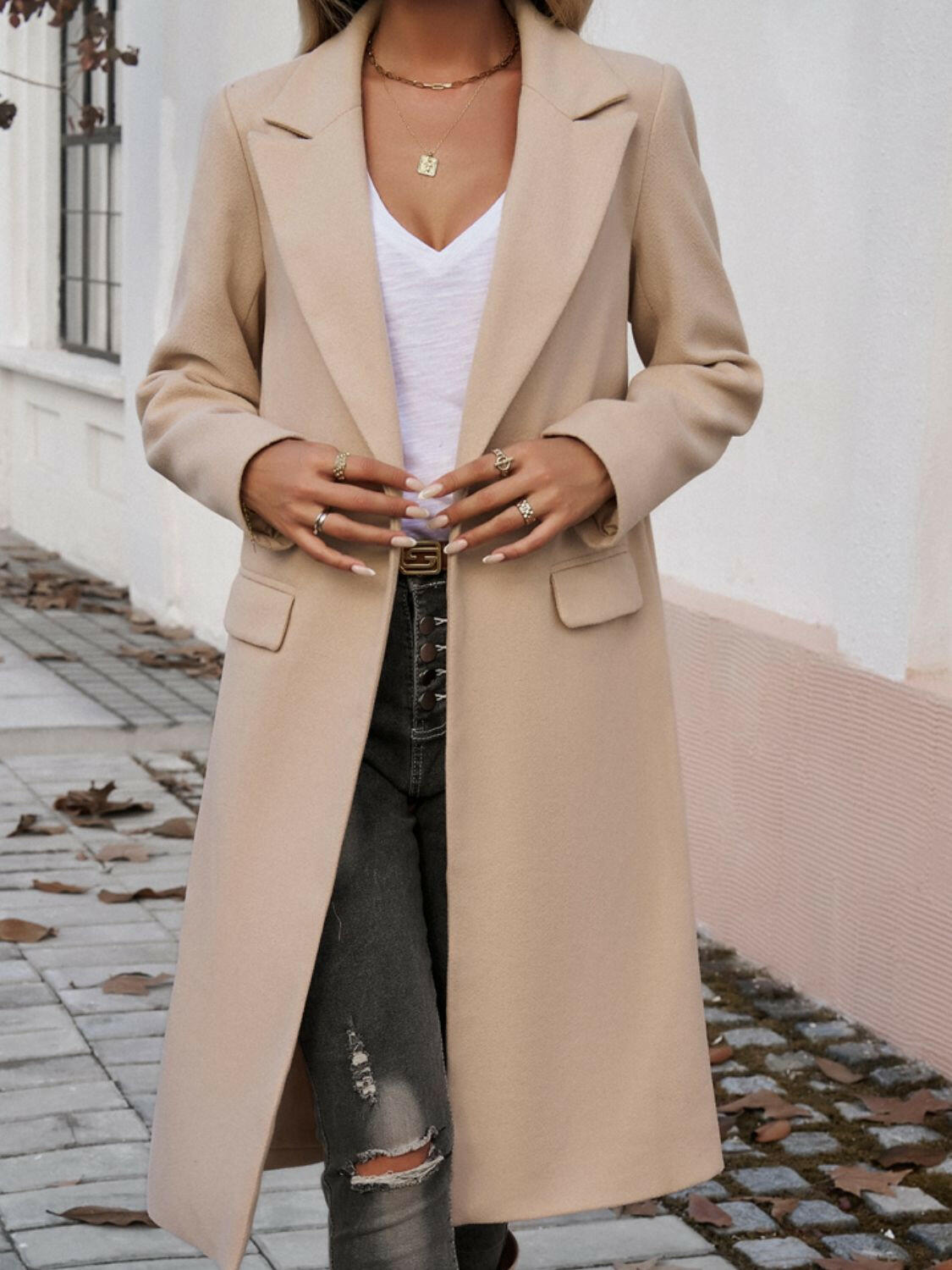 Devine Pocketed Collared Neck Long Sleeve Coat.