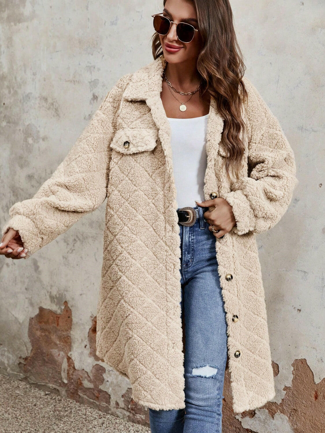 Fuzzy Button Up Dropped Shoulder Long Sleeve Coat.