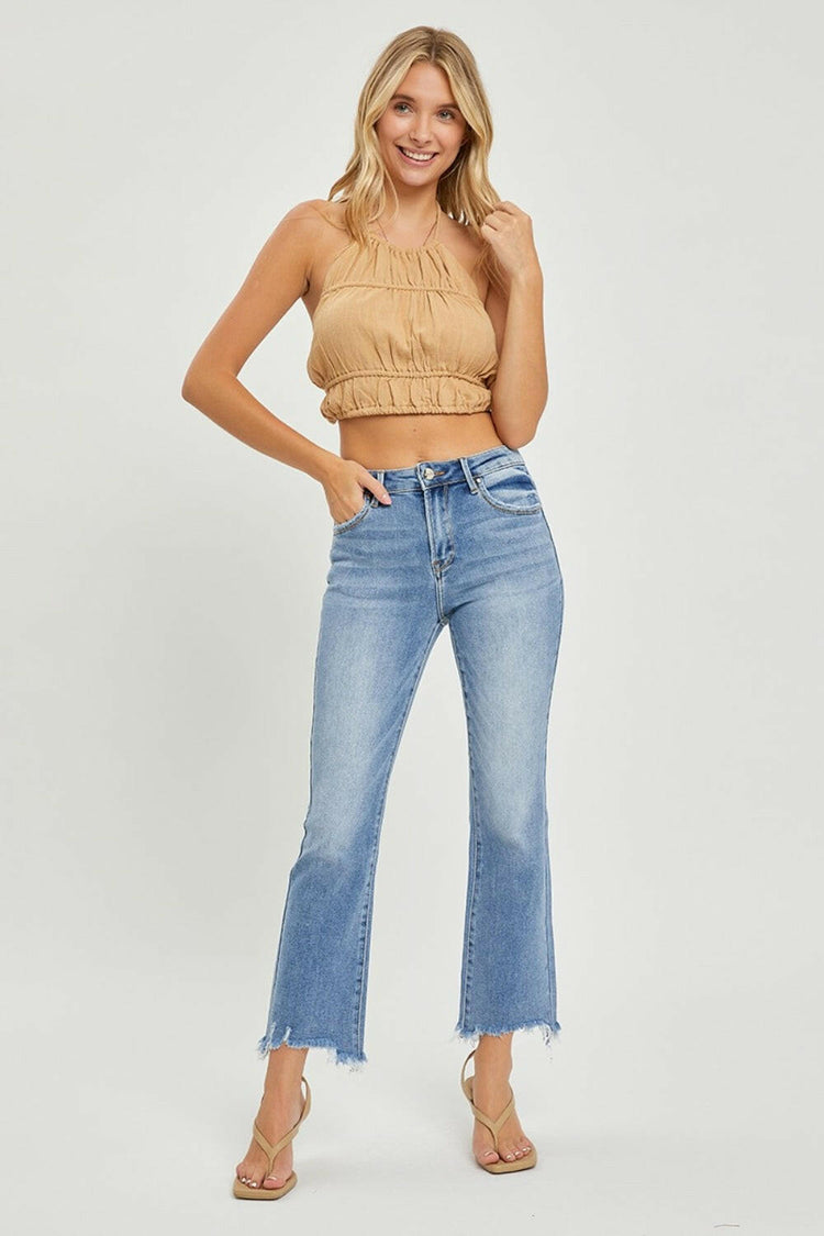 RISEN Frayed Hem Cropped Straight Jeans.