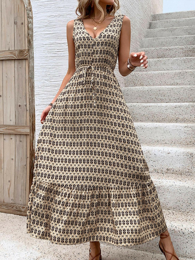 Perfee Printed V-Neck Tie Waist Midi Dress.