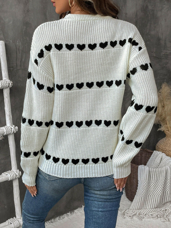 Heart Round Neck Long Sleeve Sweater.