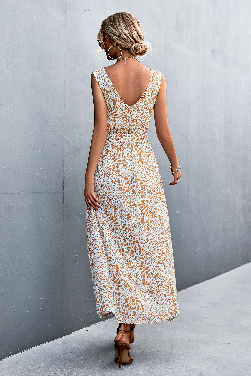 Printed V-Neck Tie Waist Maxi Dress.