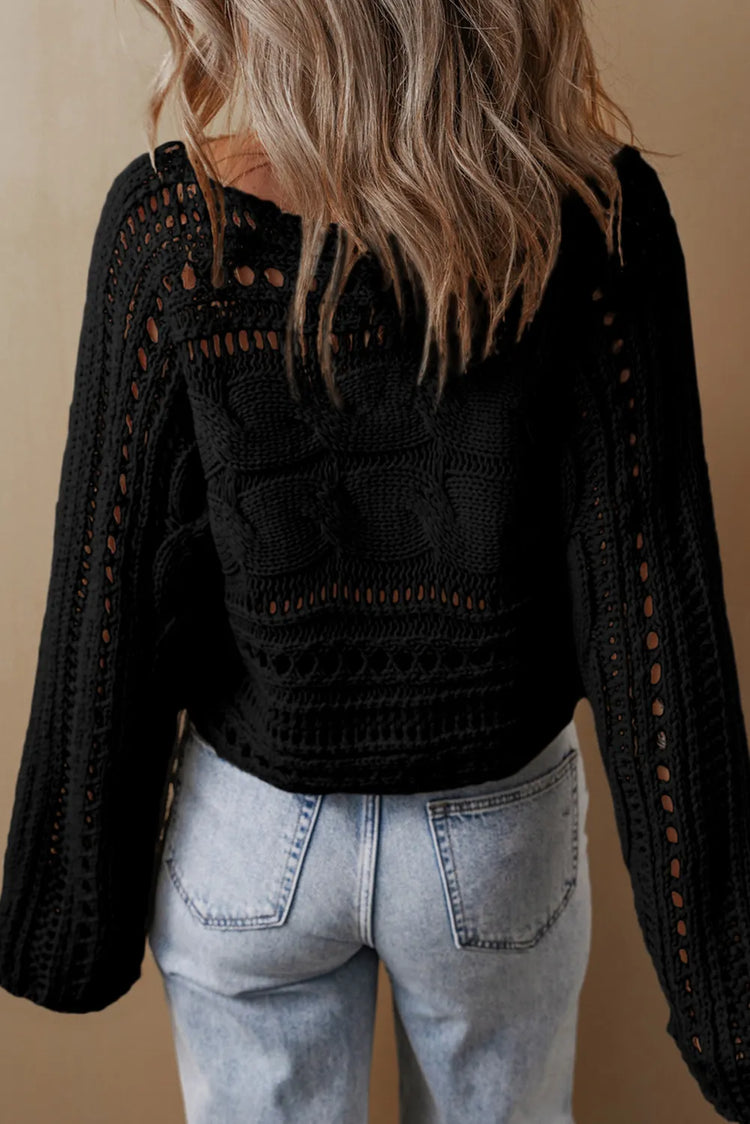 Cable-Knit Openwork Long Sleeve Sweater.