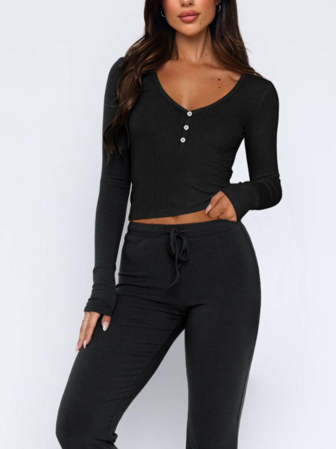 V-Neck Long Sleeve Top and Pants Set.